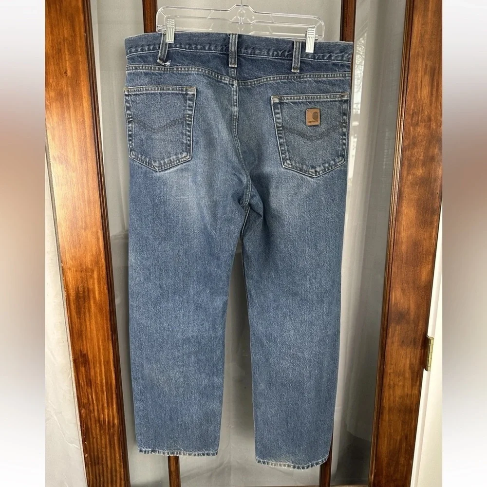 Carhartt Traditional Fit Denim Blue Jeans Mens 38x30 Workwear Distressed *flaw